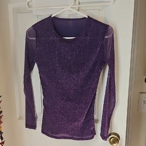 Purple Glitter Long Sleeve Top With Sheer Sleeves